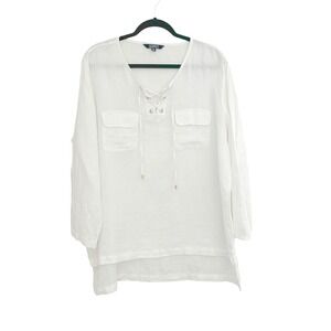 Company Ellen Tracy Womens XXL White 100% Linen Lace Up Tunic Top ECMS73038 B5